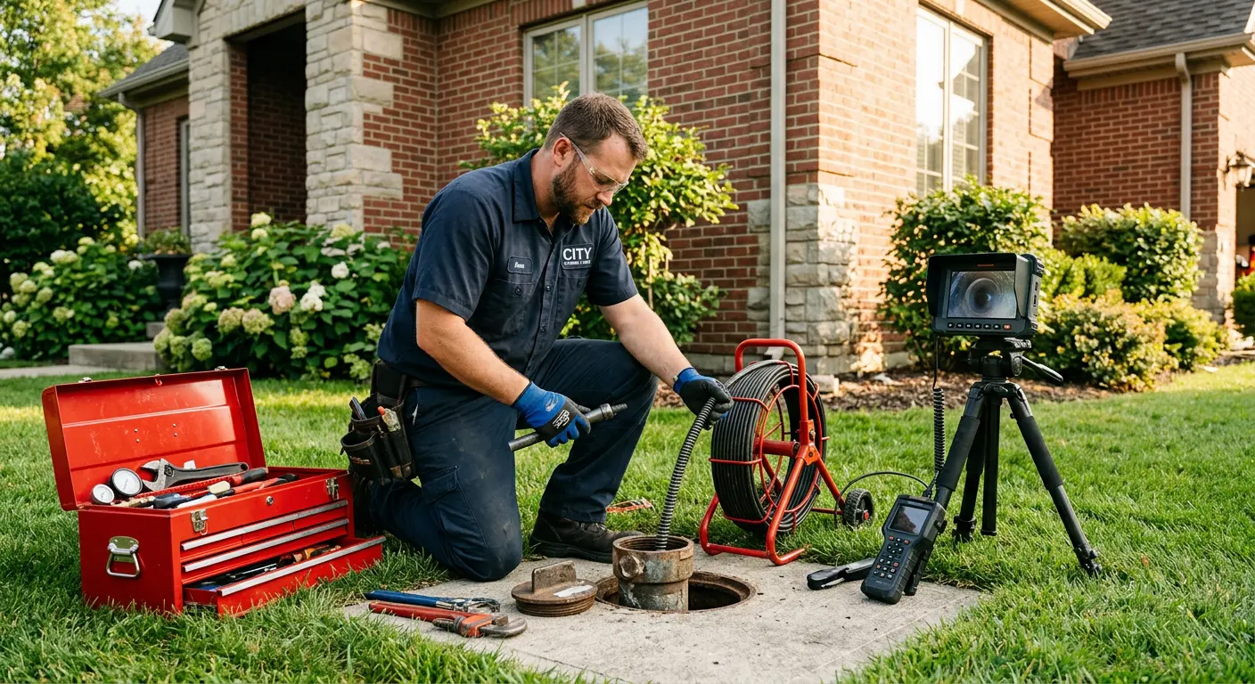 Sewer specialist with camera equipment servicing a cleanout in Redlands