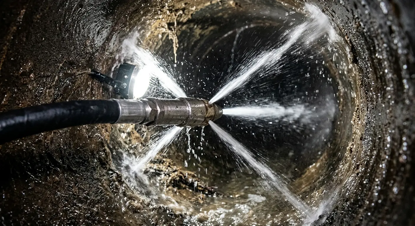 High-pressure hydro jetting nozzle cleaning sewer pipe for Trenchless Sewer Repair in Redlands