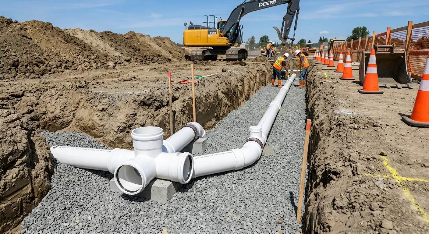 New PVC sewer pipe installation in open trench for Grease Trap Cleaning in Redlands