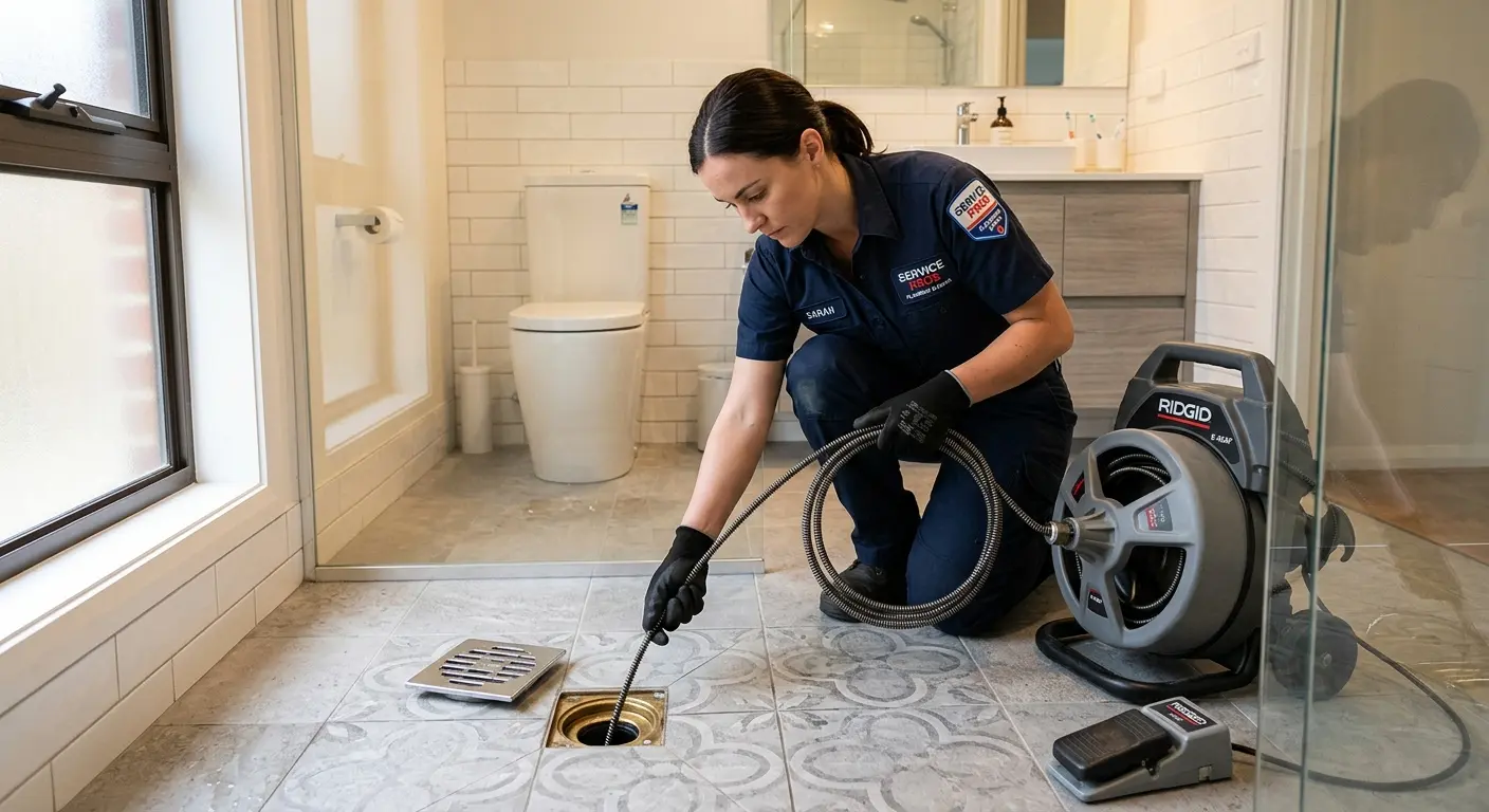 Technician clearing a bathroom floor drain for Drain Repair in Redlands